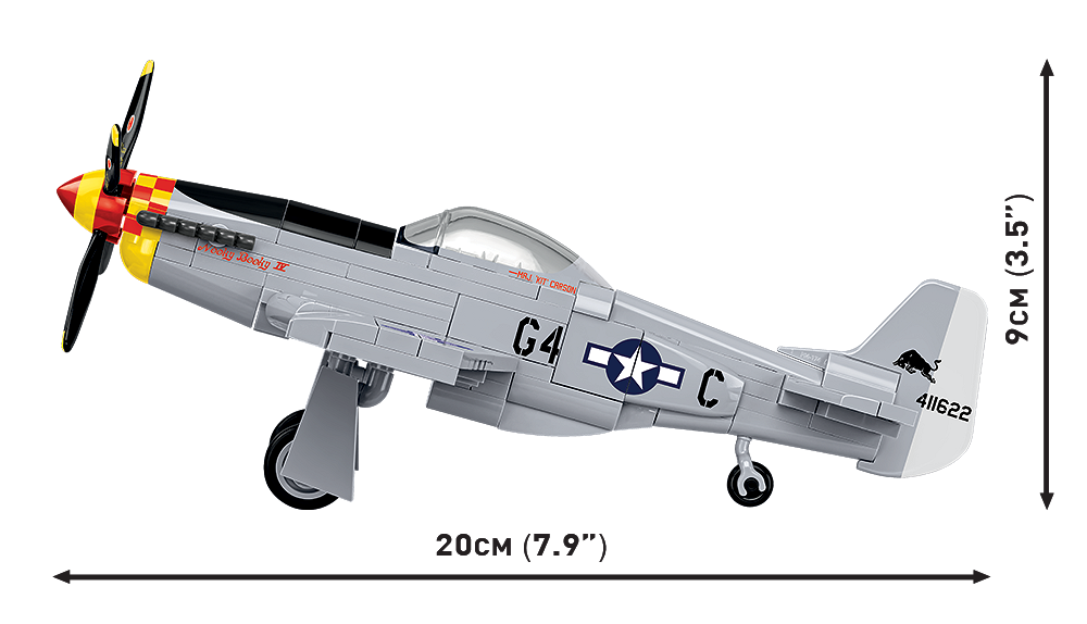 Seitenansicht des Modells des Jagdflugzeugs NORTH AMERICAN P-51D MUSTANG™ mit Maßangaben.