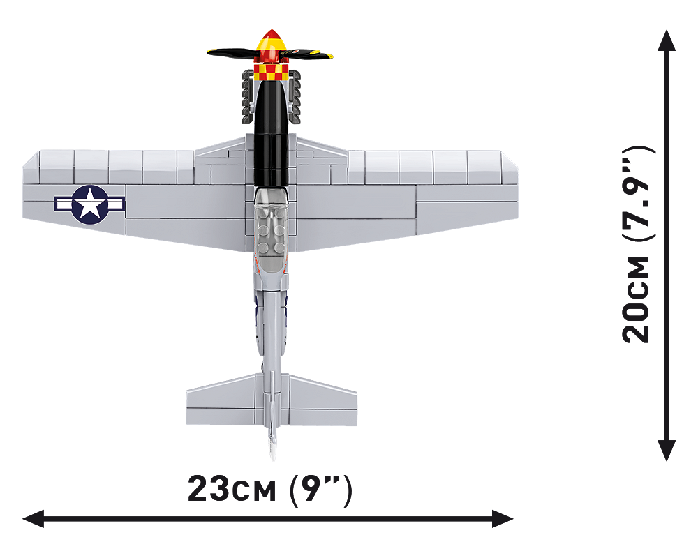 Draufsicht auf das Modell des Jagdflugzeugs NORTH AMERICAN P-51D MUSTANG™ mit Maßangaben.