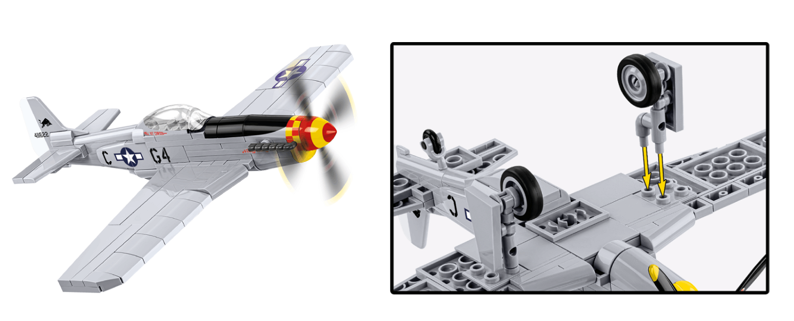 Nahaufnahme des beweglichen Propellers und des abnehmbaren Fahrwerks des Modells NORTH AMERICAN P-51D MUSTANG™.