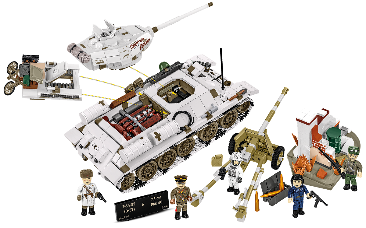 Vollständiger Inhalt des Bausatzes mit Figuren, Diorama und dem Modell des Panzers T-34-85 mit beweglichen und funktionalen Elementen.