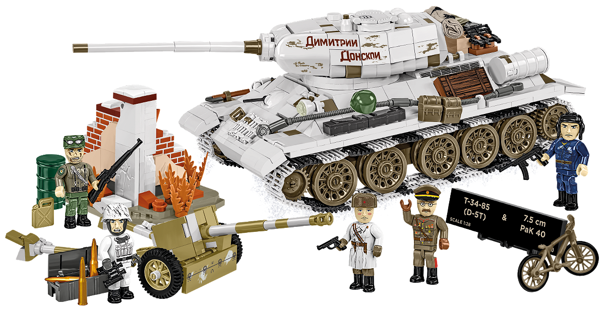 Vollständiger Inhalt des Bausatzes mit dem Panzer T-34-85, der 7,5-cm-PaK-40-Panzerabwehrkanone, Figuren, Diorama und Zubehör.
