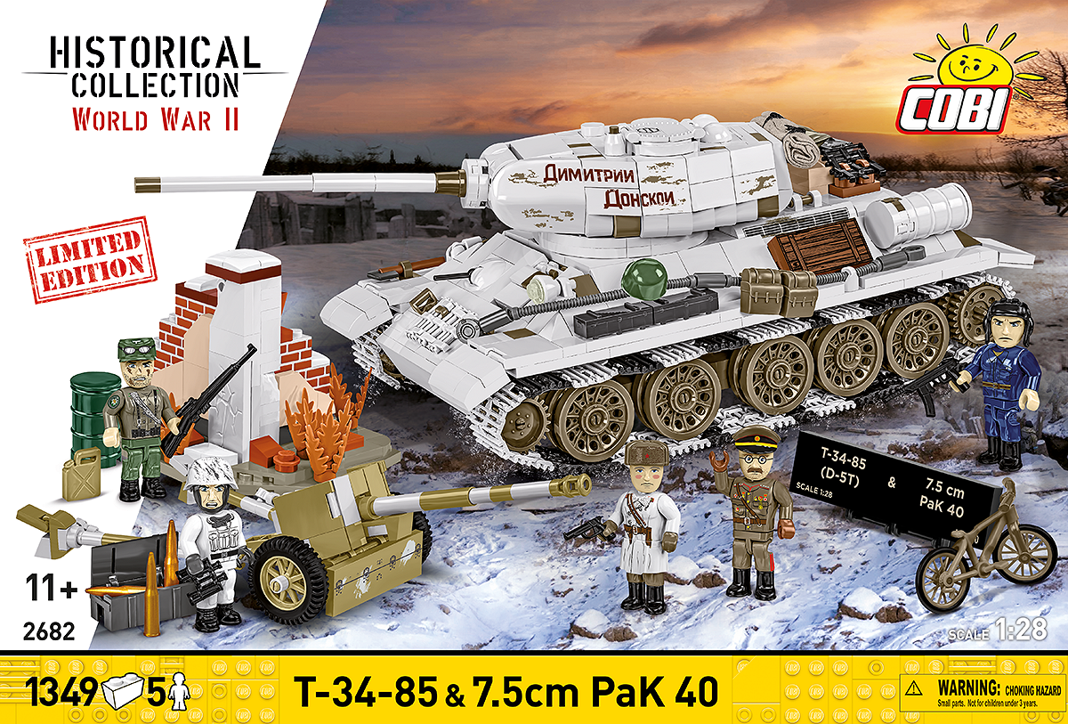 Vorderseite der Verpackung des Bausatzes mit dem Panzer T-34-85 und der 7,5-cm-PaK-40-Panzerabwehrkanone.