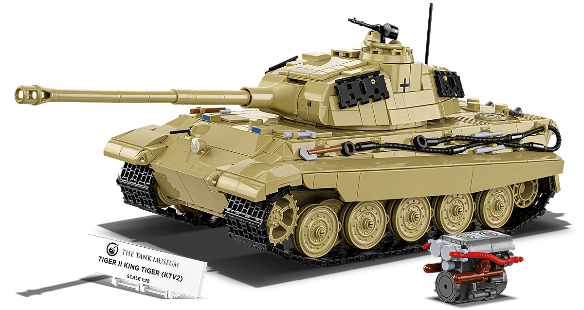 Komplettes Präsentationsset „TIGER II KING TIGER (KTV2)“ mit Fahrzeugmodell, ausgebautem Motor und Infotafel.