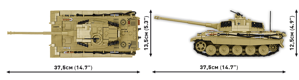 Gesamtabmessungen des Modells „TIGER II KING TIGER (KTV2)“.
