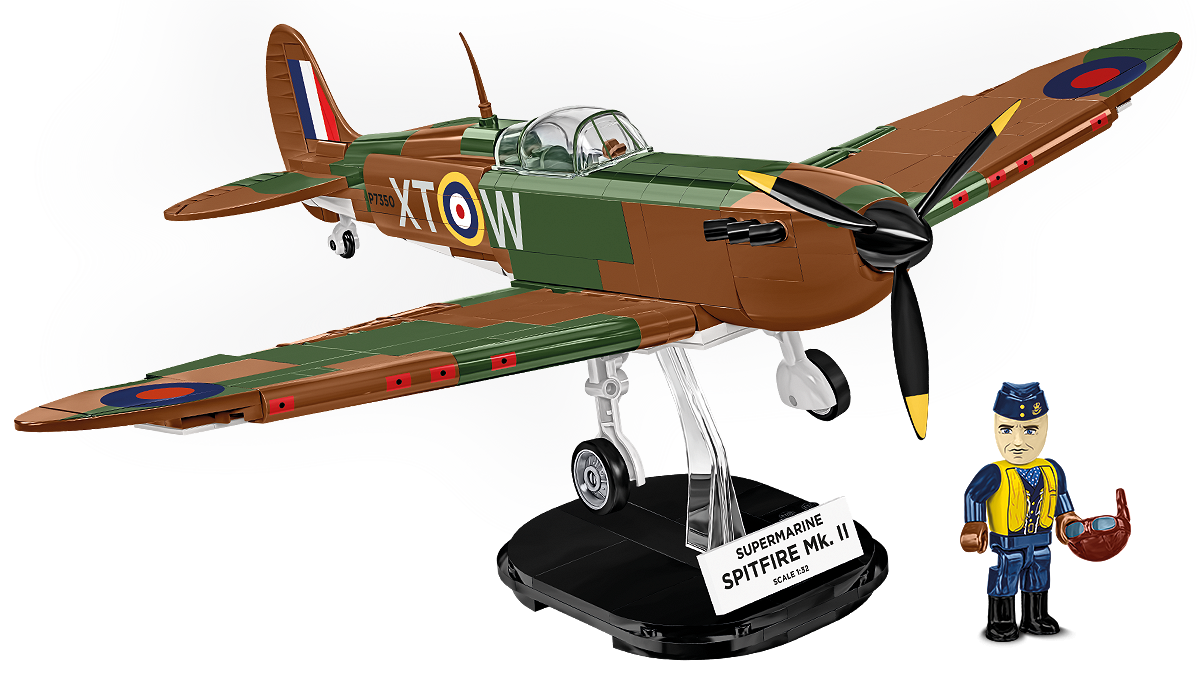 Komplettes Ausstellungsset mit Pilotenfigur und Jagdflugzeugmodell auf einem Sockel mit Informationstafel